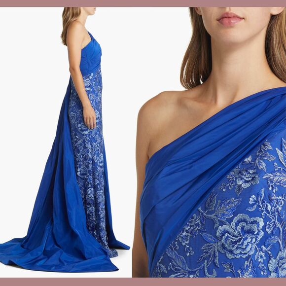 NWT $608 Tadashi Shoji [ 14 ] Embroidered Lace One‎ Shoulder Taffeta Gown Blue - Picture 14 of 15
